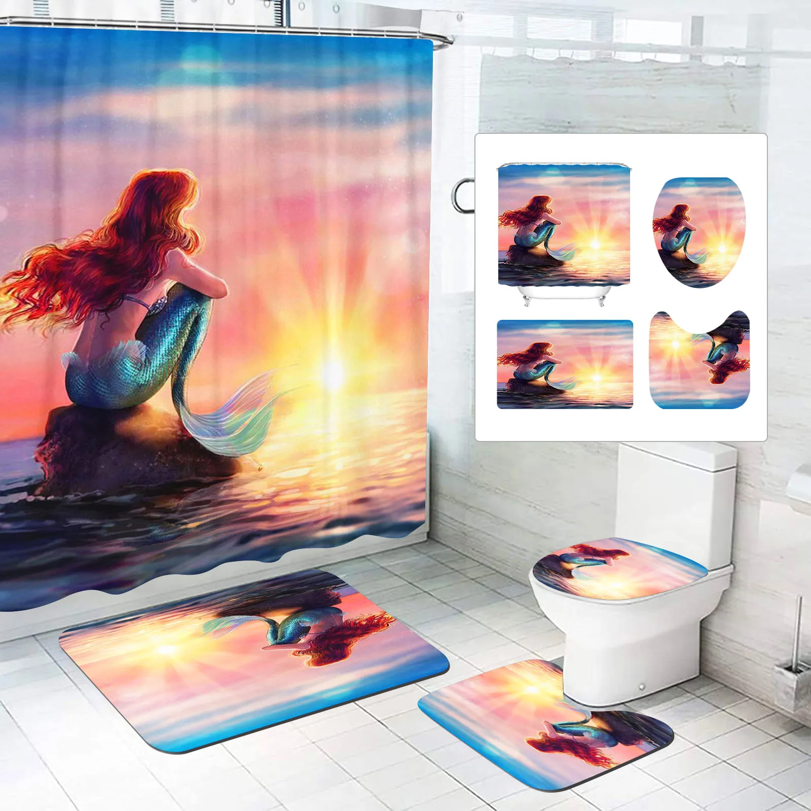 

Little Mermaid Disney 4 Piece Mats Bathroom Decorations And Shower Sets Full Set Accessories Curtain Bath & Items