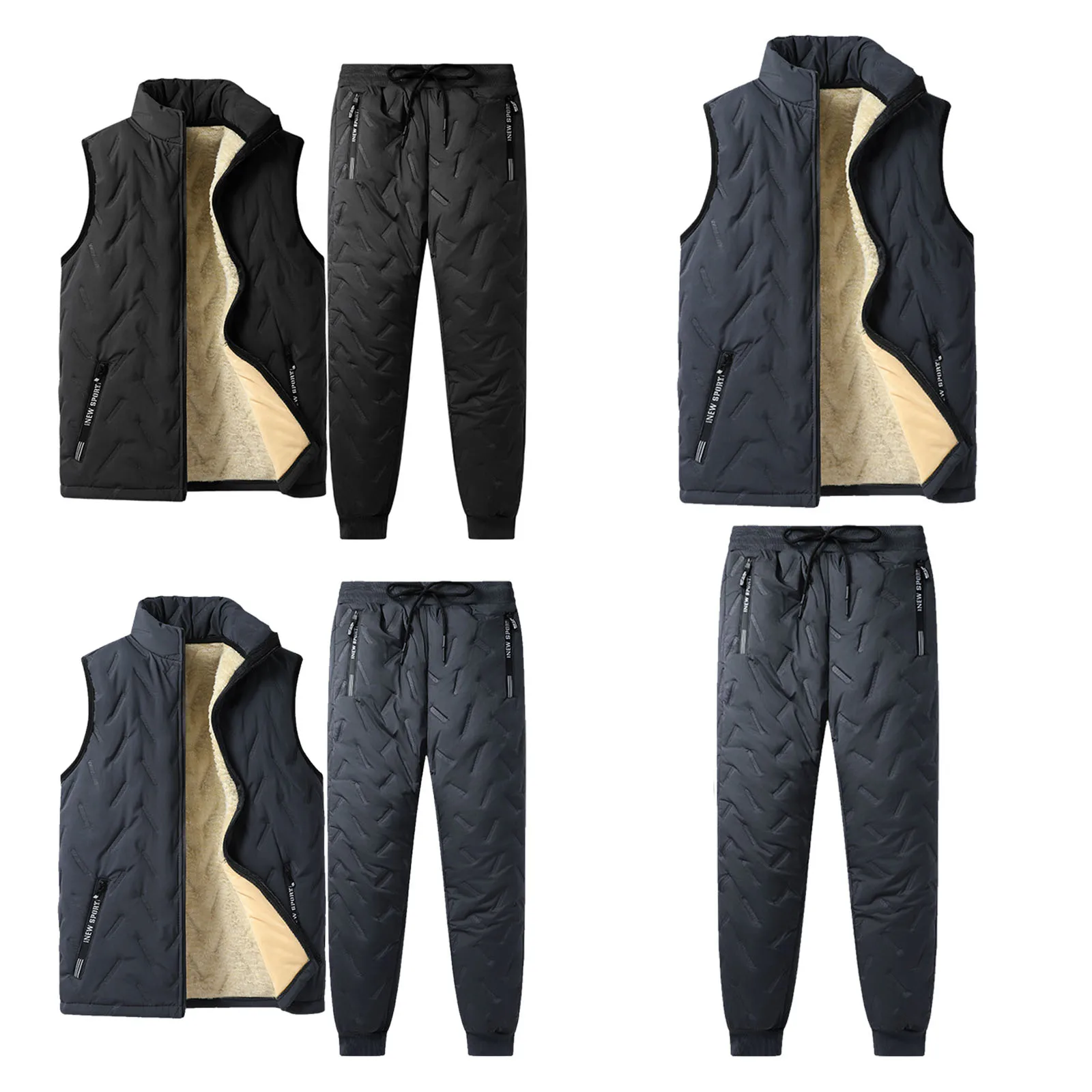 

Мужской осенне-зимний теплый плюшевый жилет, брюки, повседневный однотонный комплект с воротником-стойкой и удобные свободные брюки на шнурке