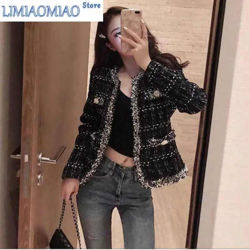 

Women Tweed Jacket Short Tops Korean Chic Coat Office Lady Jacket Luxury Brand Women Clothing Long Sleeve Buttons Plaid Black