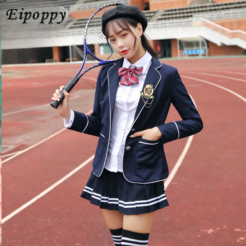 British Style College School Uniform Suit Red Long-Sleeved Suit Pleated Skirt High School Student Class Uniform