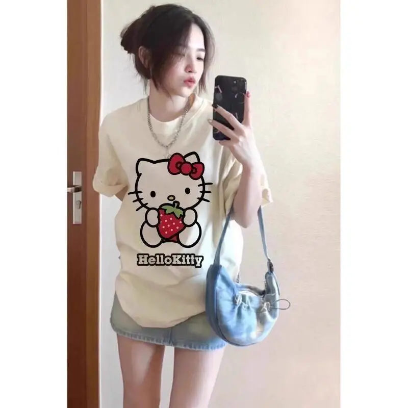 

Женская футболка Sanrio Hello Kitty, хлопковая, для мужчин и женщин, летняя, повседневная, новая, с круглым вырезом, с короткими рукавами, с принтом