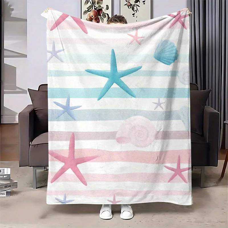 Pastel Starfish Shell Conch Horizontal Stripe Print Blanket, Light Flannel Throw For Couch Room, Coastal Beach Daily Blanket