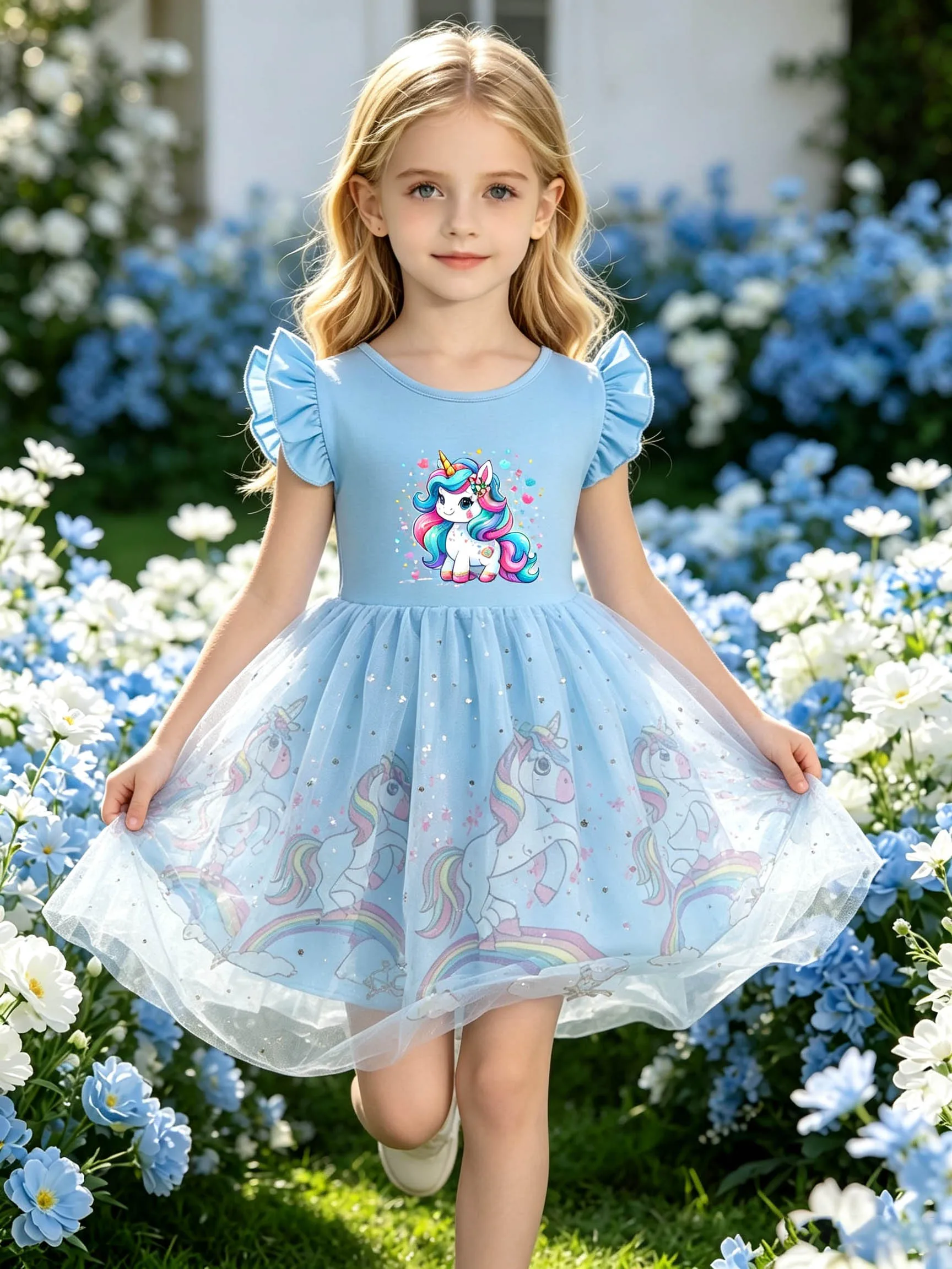 Fresh Sky-Blue Unicorn Summer Outfit for Girls, Ruffled Flutter Sleeves, Double-Layer Printed A-Line Princess Tulle Dress