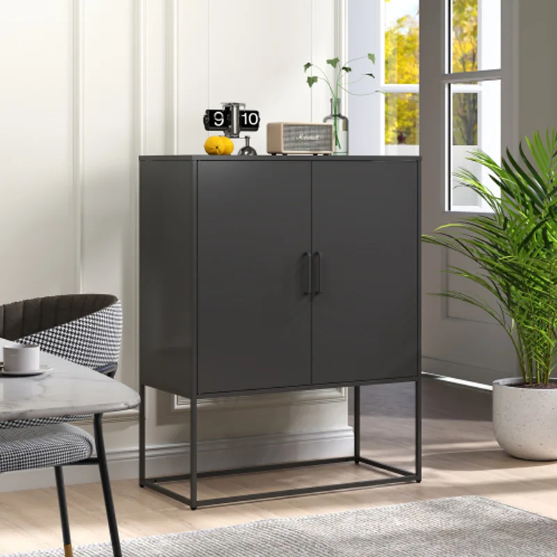 Credenza a buffet in metallo resistente, moderno armadio portaoggetti in acciaio con 2 ripiani, armadio in stile autoportante con ante magnetiche