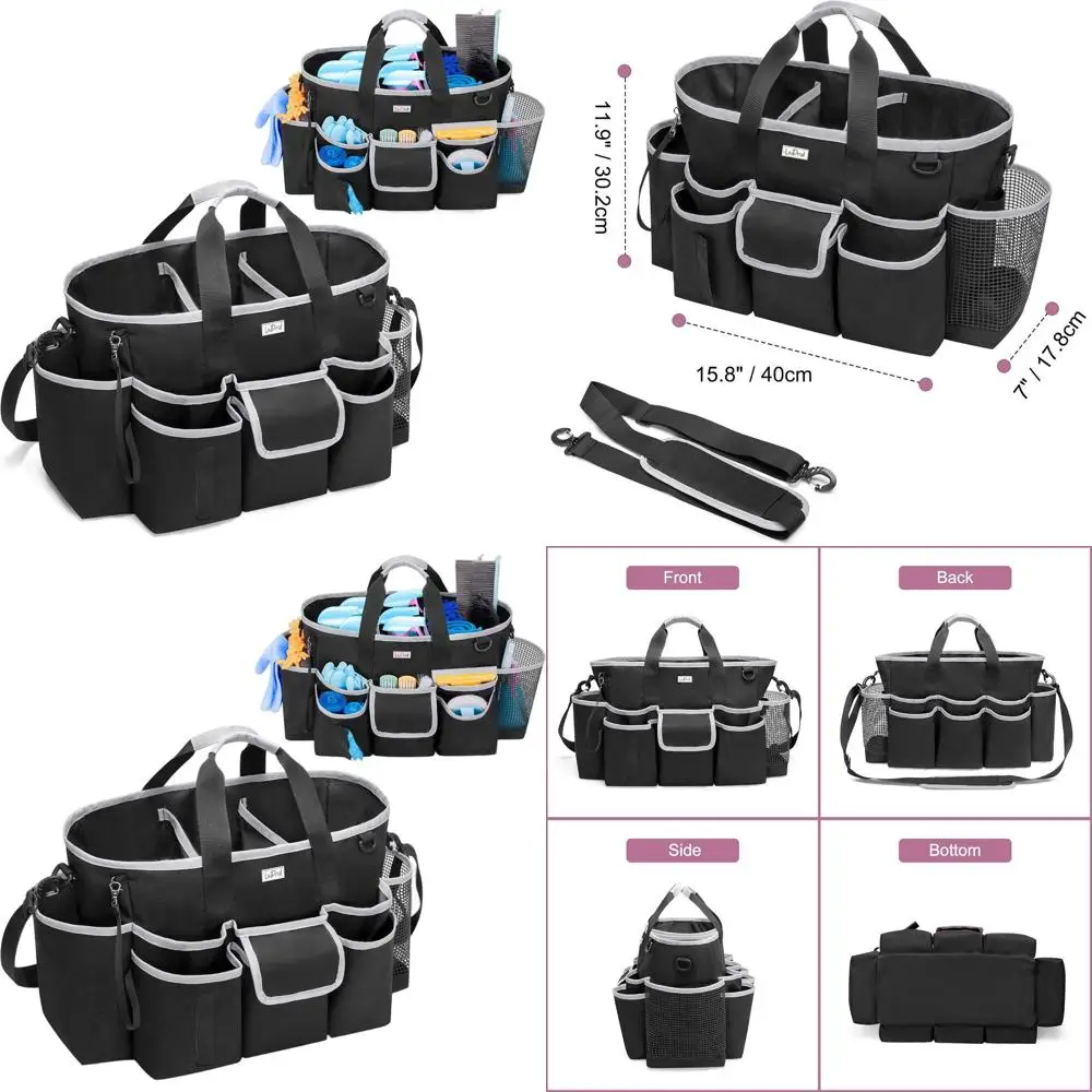 

Multi-Pocket Cleaning Caddy Bag with Handle & Strap, Organizer for Cleaning Tools, 3 Compartments, Black/Gray Accents