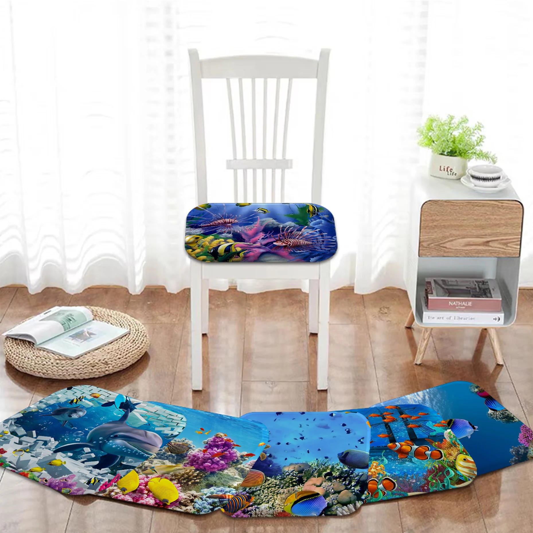 Fish Ocean Scenery Cushion Mat Modern Minimalist Style Sofa Mat Dining Room Table Chair Cushions Unisex Fashion Anti-slip