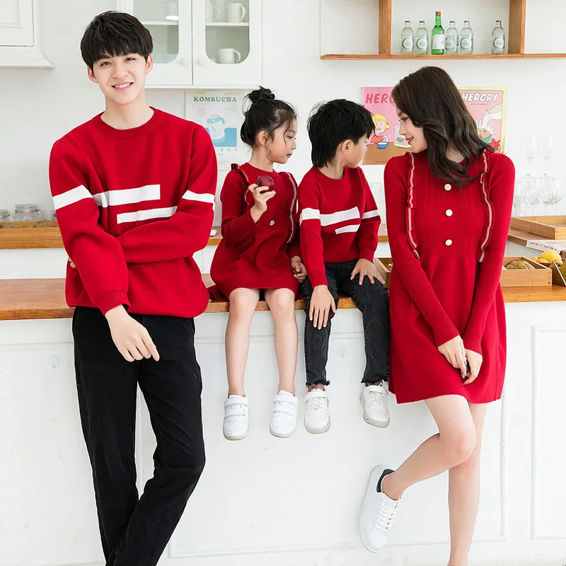 New Year 2023 Family Matching Outfits Mom And Daughter Knitted One-Piece Dresses Father Son Clothes Sweater Parent Child Jumper