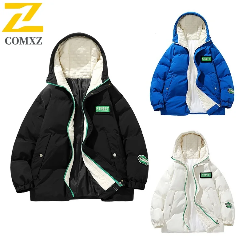 COMXZ Men Fleece Lined Jacket Winter Autumn Korean Style Waterproof Windproof Hooded Outdoor Sports Casual Solid Color Coat 2025