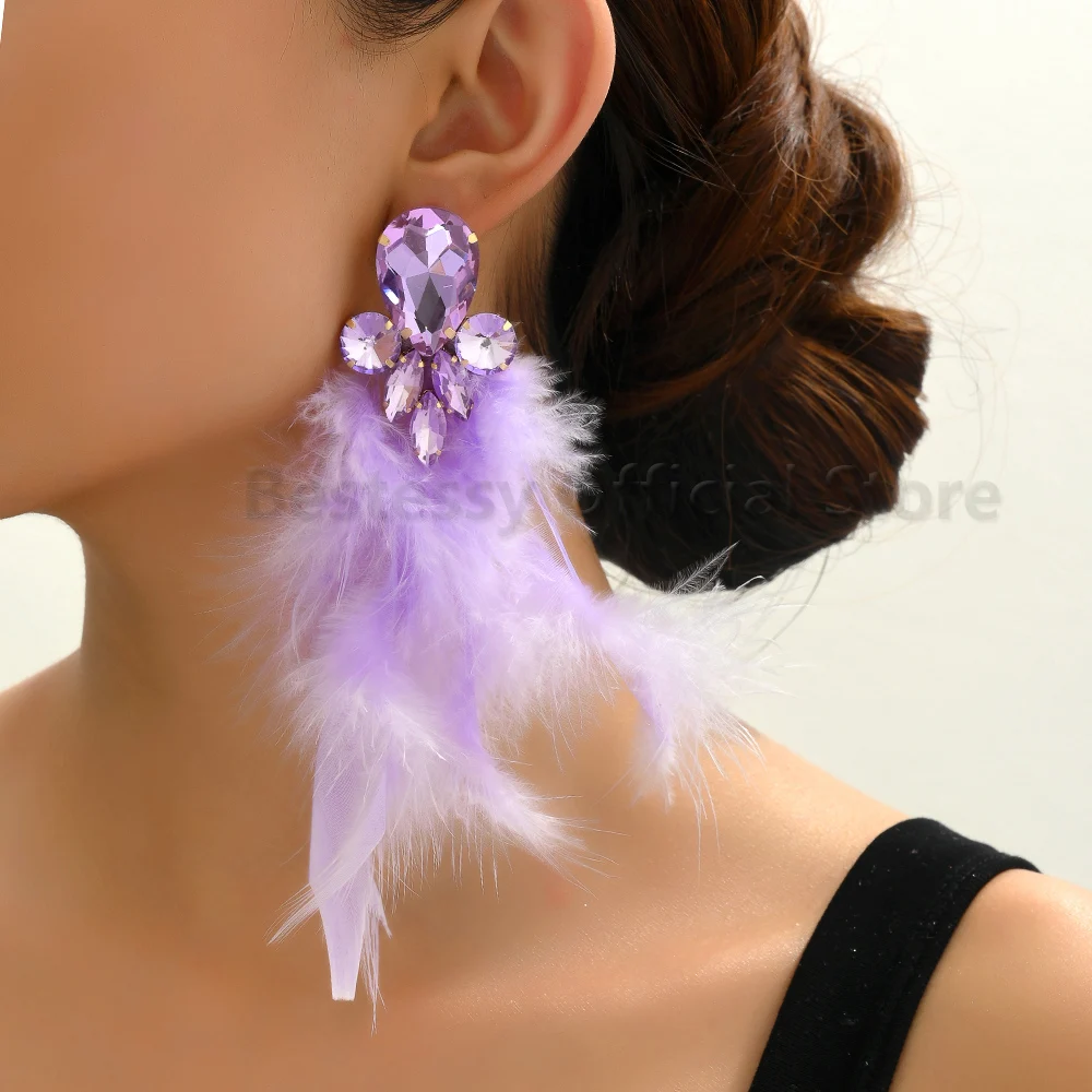 Colorful Glass Long Feather Drop Dangle Earrings For Women Luxury Trendy Handmade Pendientes Romantic Wedding Bride Jewelry Gift