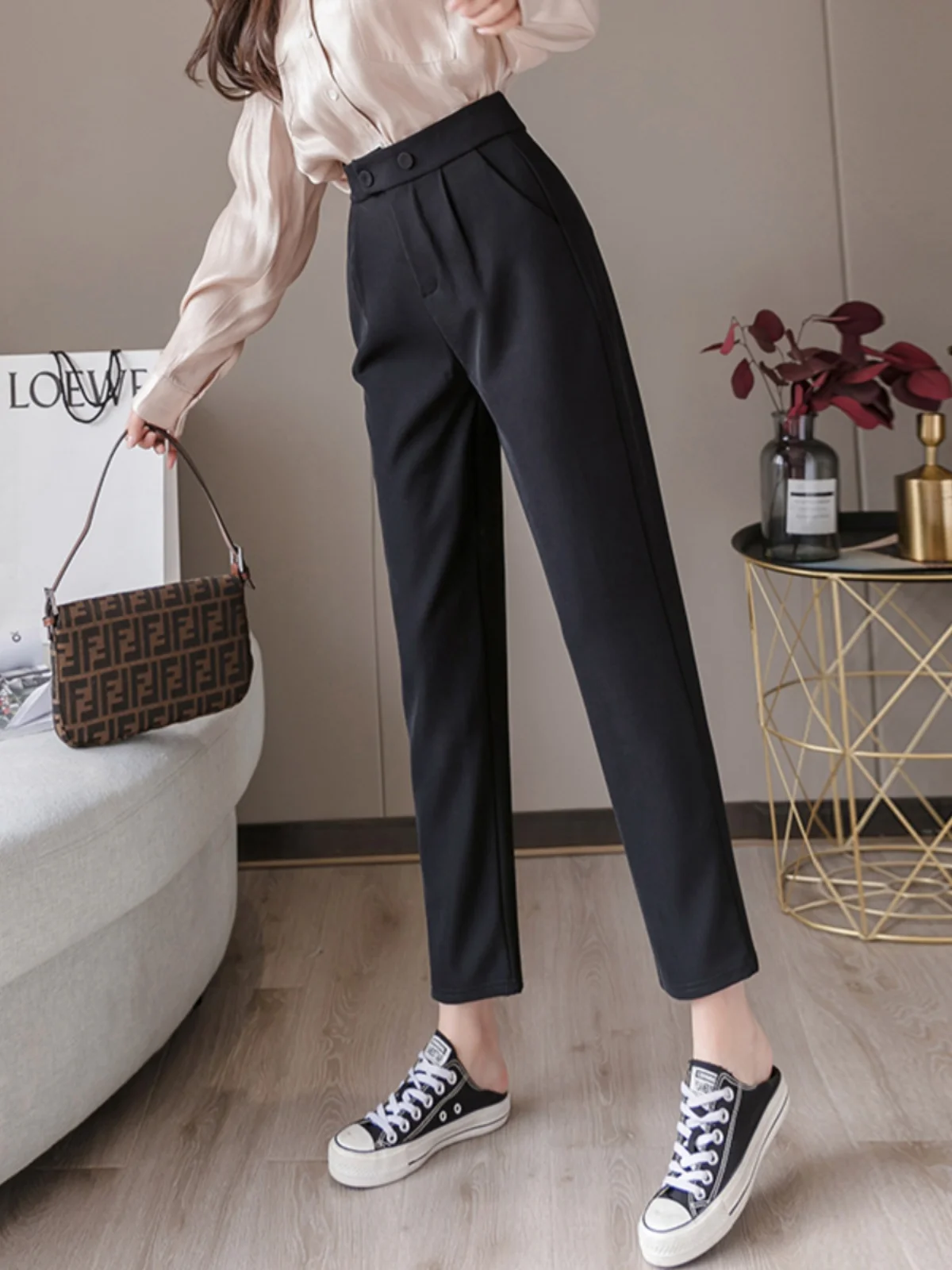 

Повседневные женские летние брюки с высокой талией, широкими штанинами, тонкие, прямые, свободного кроя, укороченные (7/8), в корейском стиле, для офиса и повседневной носки, маленькие размеры