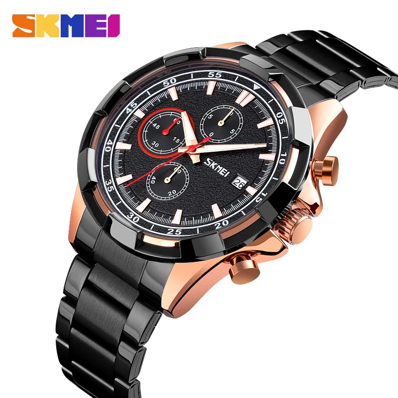 SKMEI relógio masculino Quartz Watches Men's Watch Stainless Steel Date Stopwatch Mens Wristwatch Waterproof Business Clock