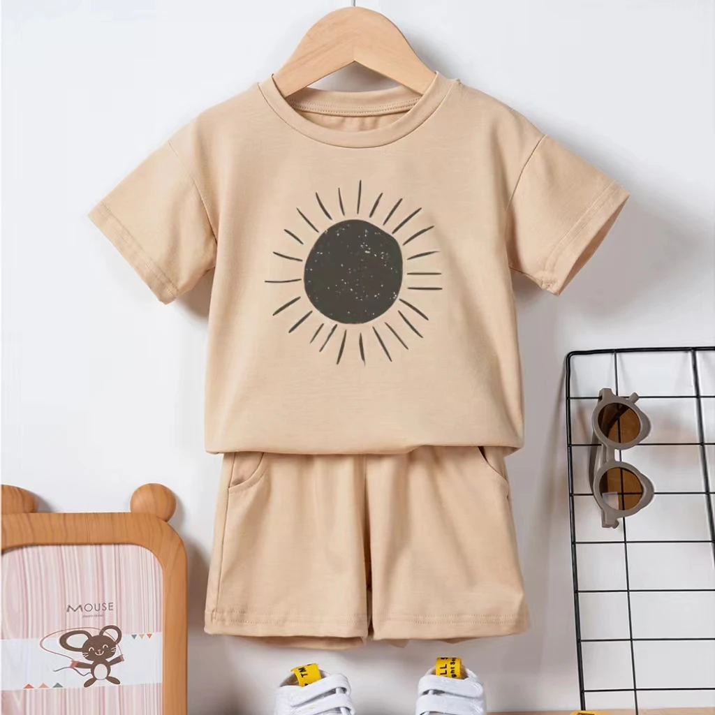 Khaki Children Sets Boys & Girls T-Shirt + Shorts Summer Sun Print Short Sleeve Toddler Casual Set