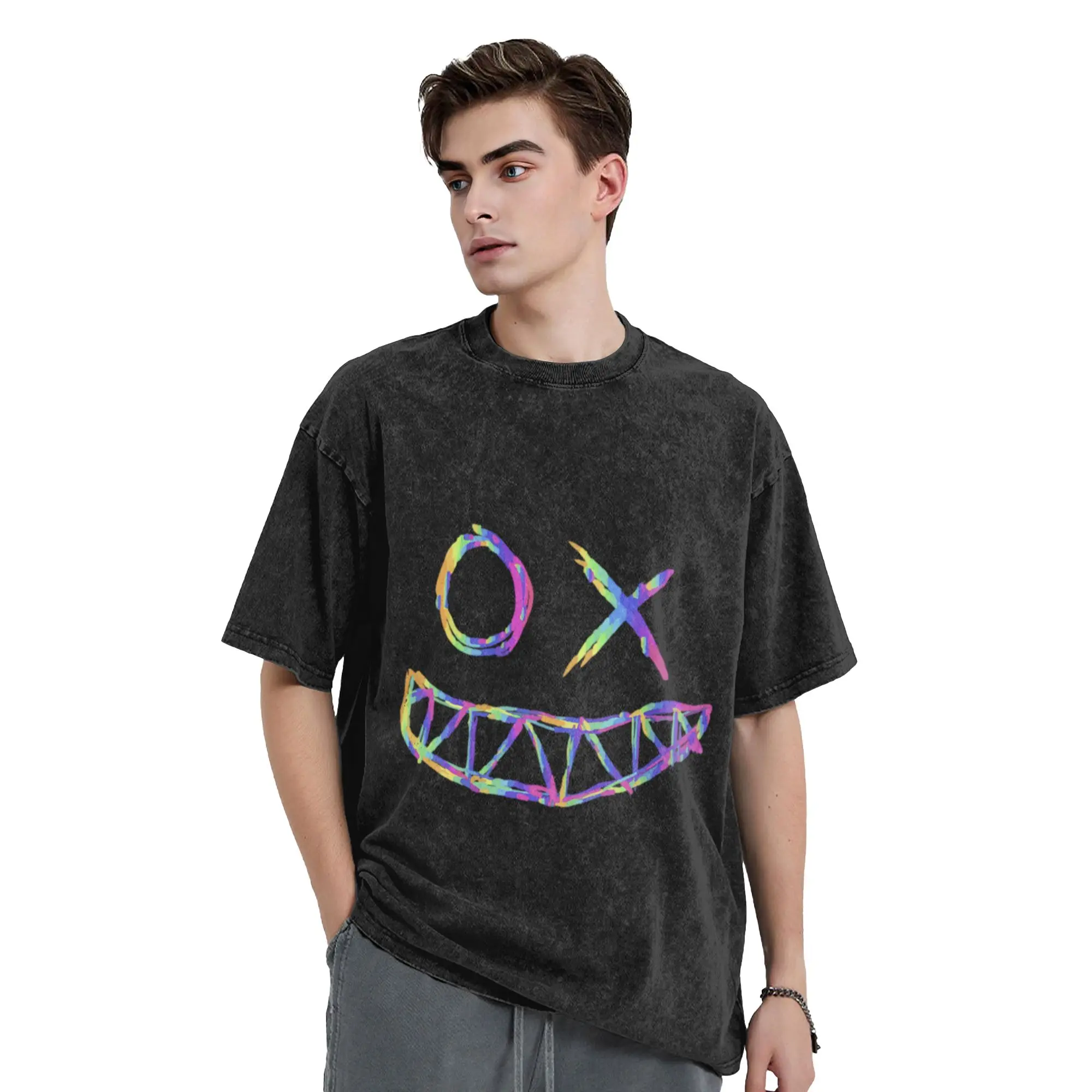 Rainbow rave creepy face  Unique Cool A T-Shirt Oversized Short Sleeve Men's Women's Cotton Tees Tops