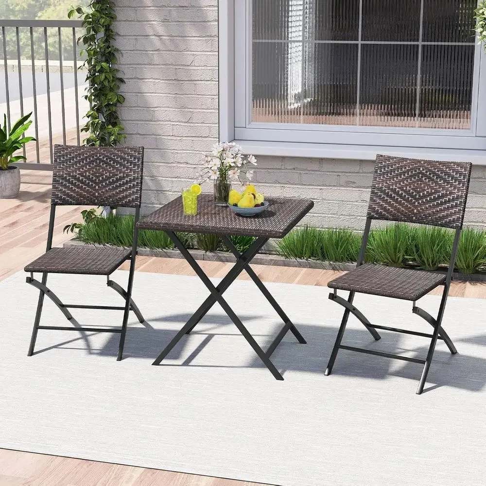 Portable Outdoor Bistro Set in Mixed Brown | Folding Patio Dining Table with Wicker Chairs, Metal Frame, Perfect for Backyard, G