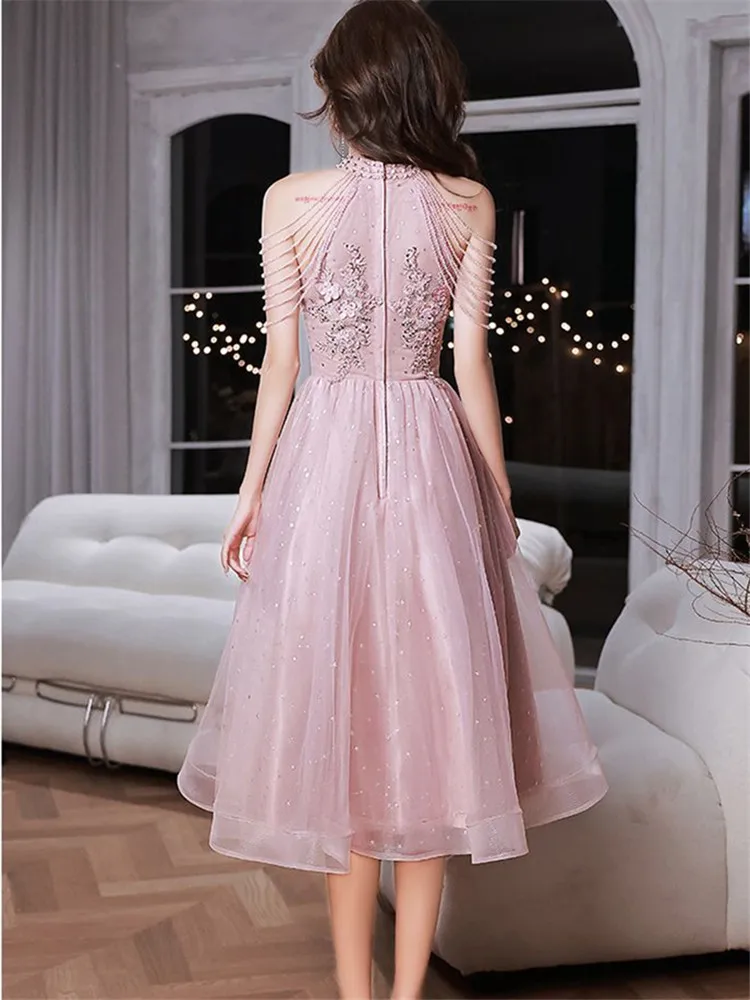 Pink Dress Women's Summer New Hanging Neck Solid Color Lace Beaded Mid-length A-line Skirt Elegant Female Clothing M144