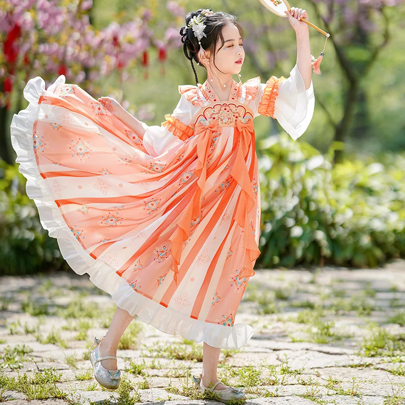 6891 2024 Summer New Girls' Tangzhuang Hanfu Dress Ancient Chinese Style Skirt Super Immortal Chiffon Children's Skirt