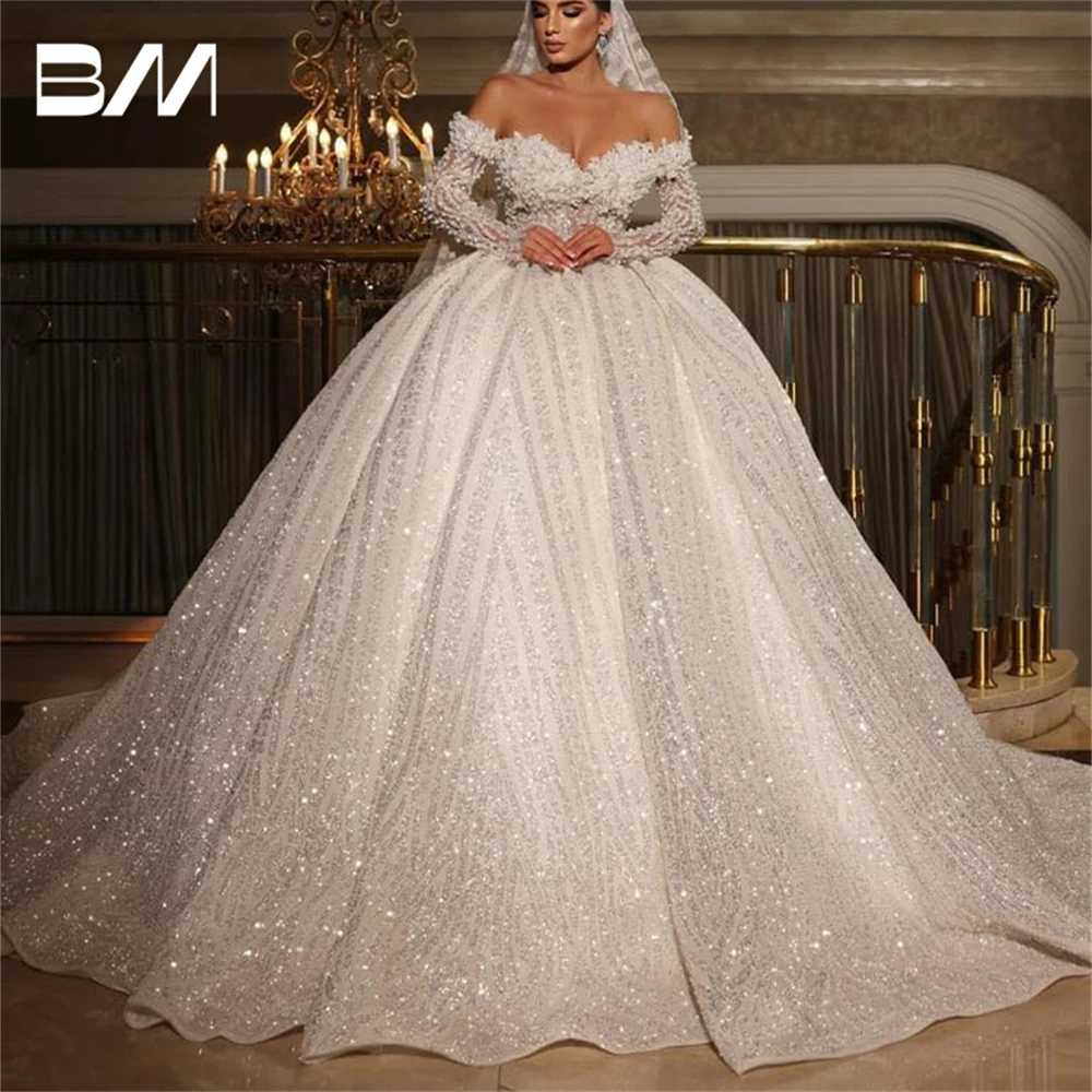 Luxury Beads Sequined Wedding Dress Off The Shoulder Long Sleeves Ball Gown Bride Dresses Custom Made Plus Size Bridal Gown