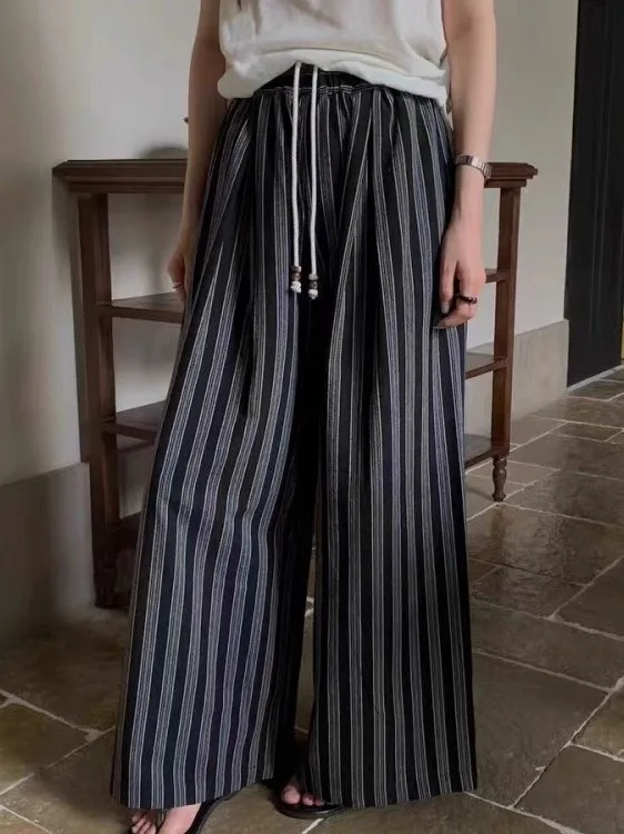 Pantaloni larghi a gamba larga da donna Estate 2025 New Faion Agel Dstring Pantaloni casual a righe coreani Sle Trendy Pendolarismo Vento
