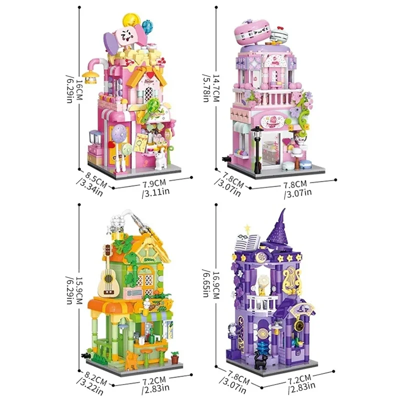 Bunte Straßenszene Bausteine Candy House Bistro Szene Modell Puzzle Zusammenbau Kinderspielzeug Geburtstagsgeschenk Dekorationen