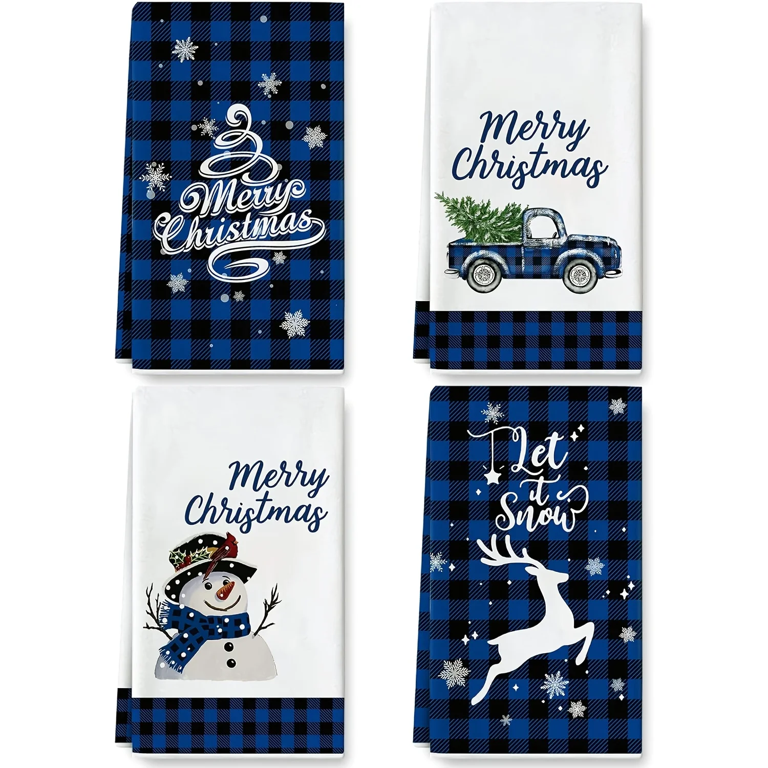 Set of 4, blue and black plaid, snow season, Christmas, merry, kitchen towel
