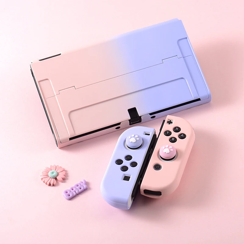 Capa protetora dura de grão de vaca e capa macia JoyCon para Nintendo Switch/OLED com 1 par de apertos de polegar para Nintendo Switch Shell