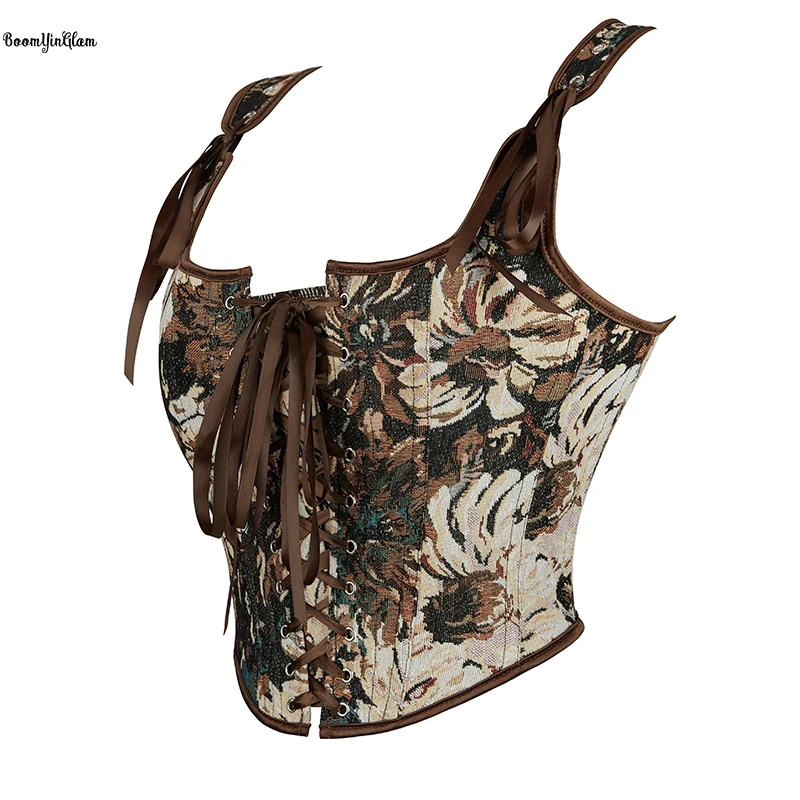 13 Glue Bones Brown Steampunk Women Clothing Shoulder Strap Cottagecore Corset Bustier With Drawstring