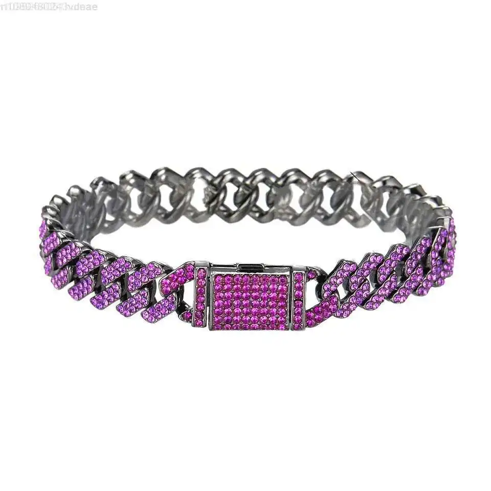

New Style 12 mm Miami Cuban Link Chain Two Row Purple Hip Hop Prong Cuban Link Necklace