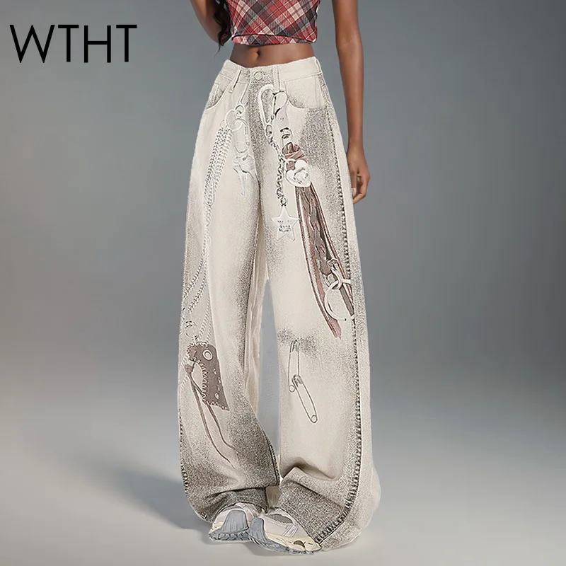 

WTHT Fashion New Women's Chain Print Design Straight Jeans 2025 Summer Trendy High Waist Wide Leg Denim Pants Female 1LS2085