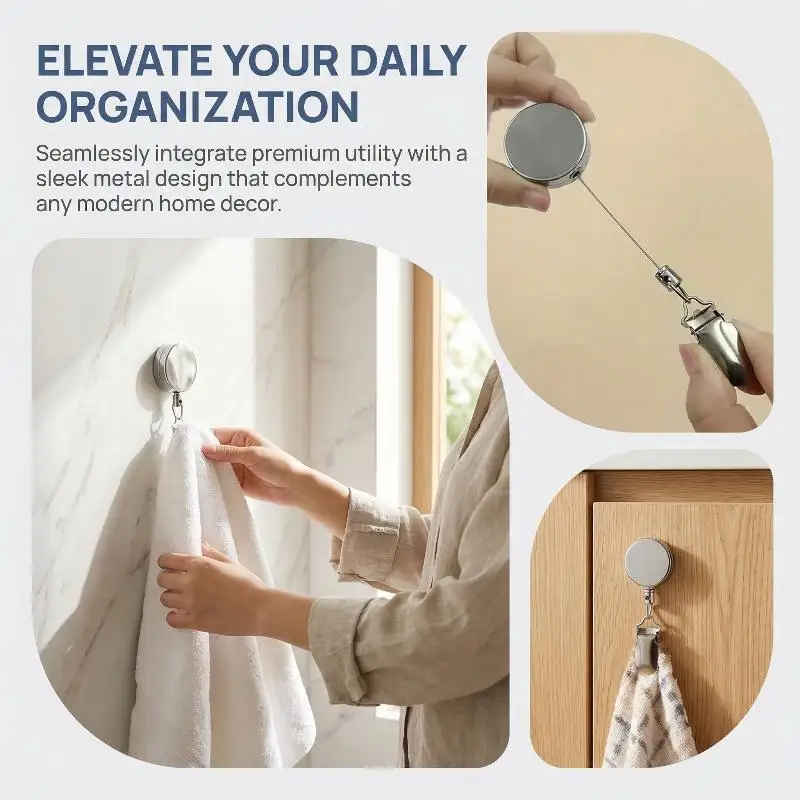1PC Automatic Retractable Towel Rack No-Drill Self-Adhesive Wall Mounted Hand Towel Holder With Stainless Steel Cable Clamp