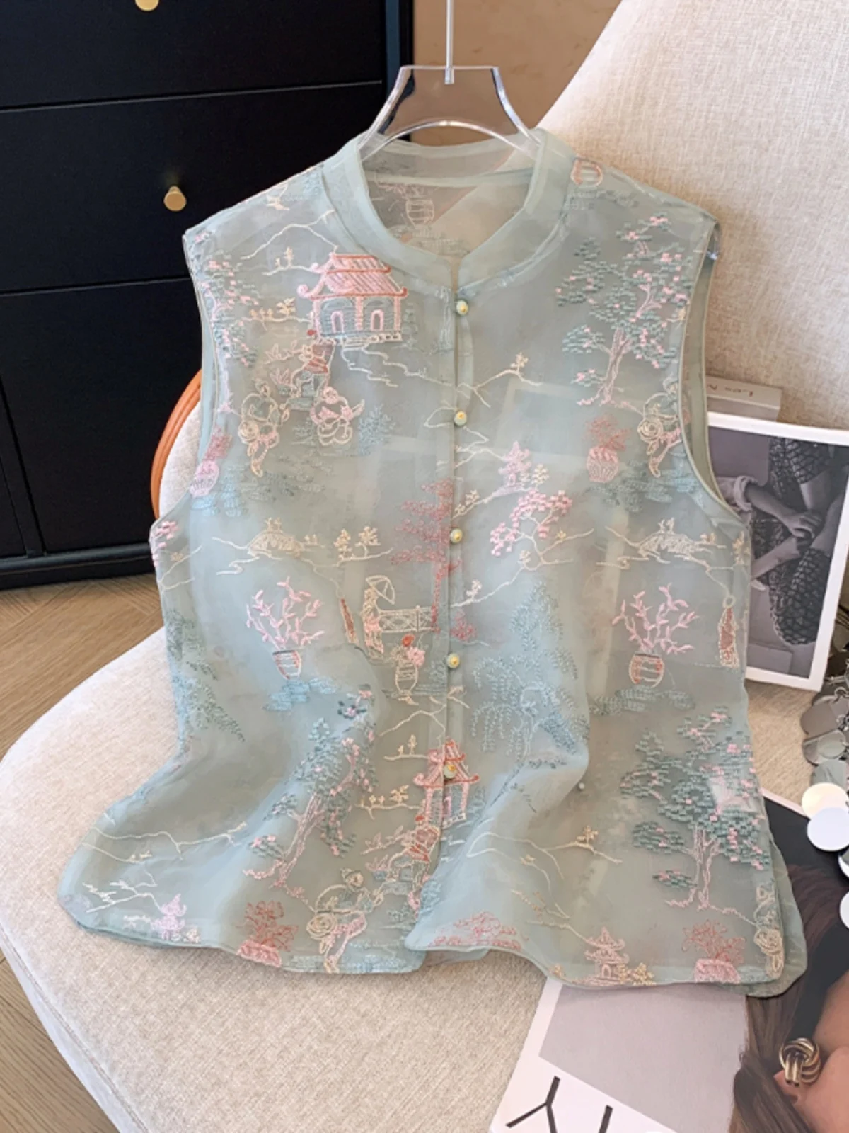 

New Chinese Sle Embroidered Stand Collar Vest Women's Spring New Retro High-End Thin Faionable ular Lady's Blouse