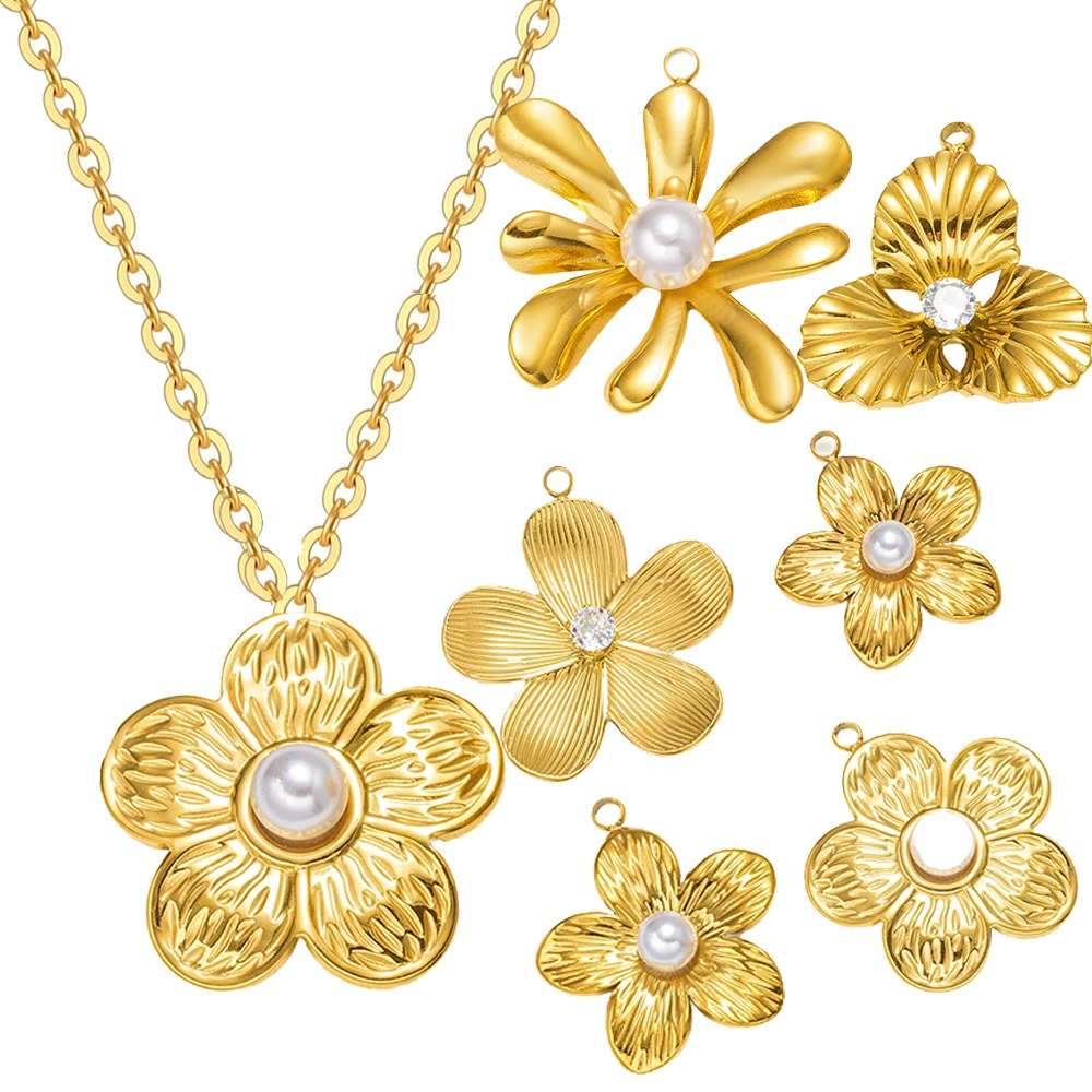 5pcs Stainless Steel Flower Pendant For Jewelry Making PVD Gold Plated Earrings Necklace Charms Jewellery Findings Accessories