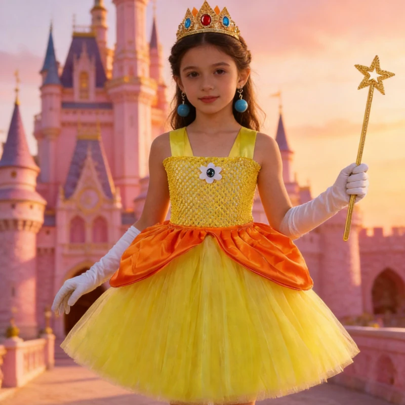 

Birthday Party Ballet Tutu Dress for Girls Christmas Halloween Costumes with Crown Wand Gloves Outfit Kids Yellow Princess Daisy