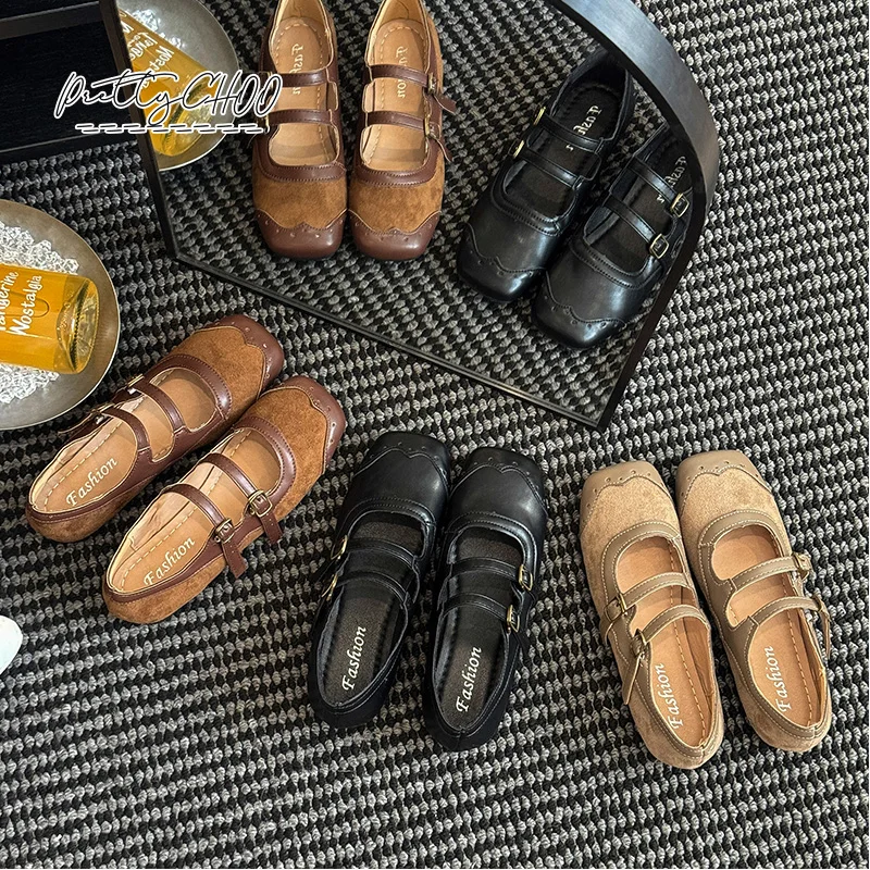 

British Brogue Ballet Flat Shoes Woman Vintage Square Toe Buckle Strap Mary Jane Shoes Lady Oxford College School Dress Shoes