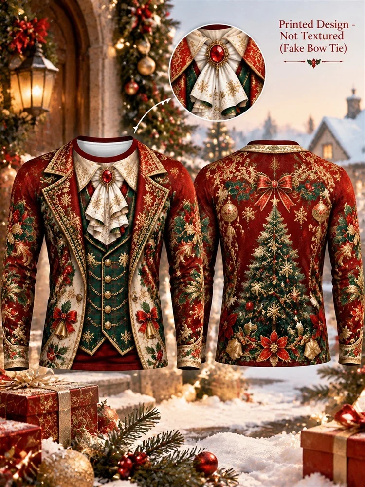 Men's Christmas Red Green Suit Jacket Print Long Sleeve T-Shirt Gold Tree Bell Bow Tie Graphic Pullover Tops Gift New Hot