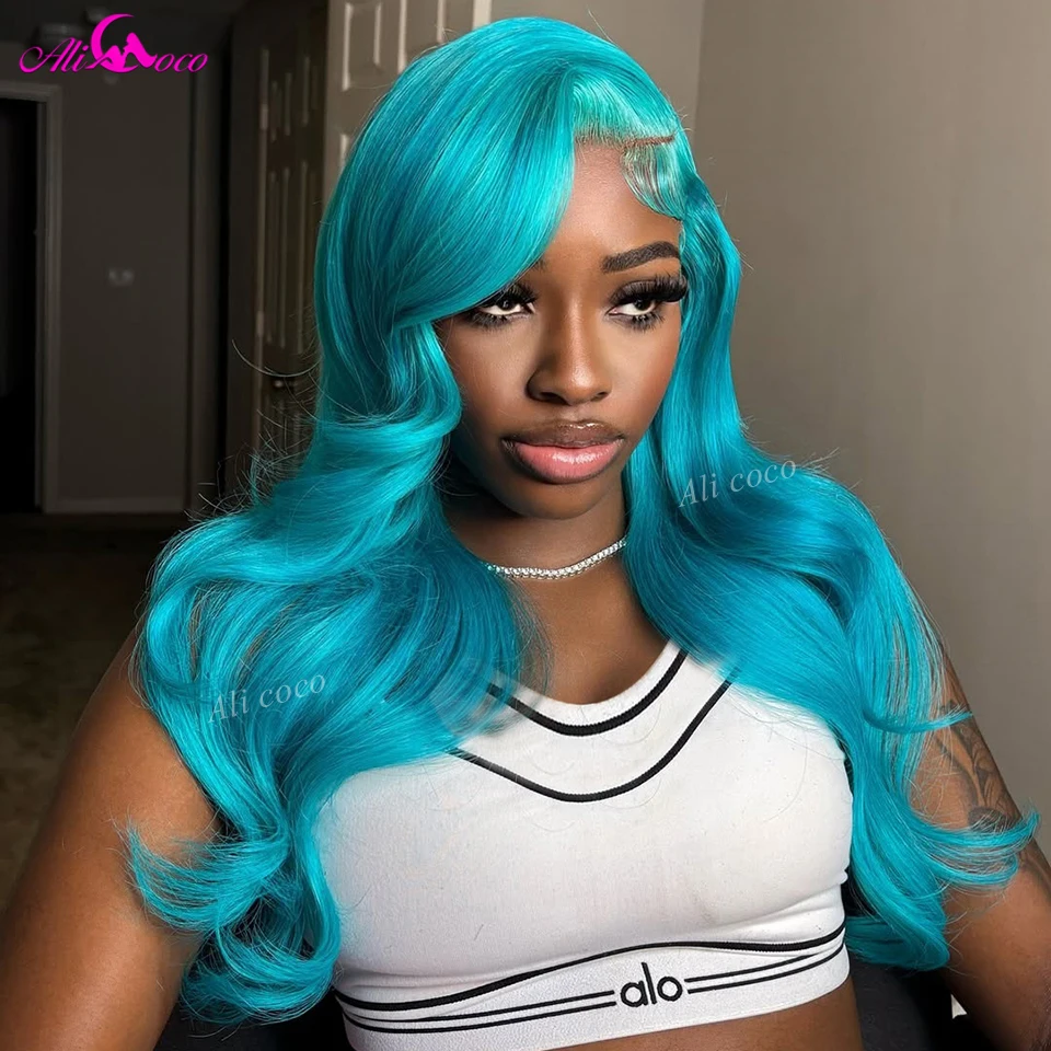 180 الكثافة الأزرق اللون الجسم موجة 13x6 الدانتيل شعر مستعار أمامي البرازيلي شعر الإنسان شعر مستعار شفاف قبل قطعها للنساء