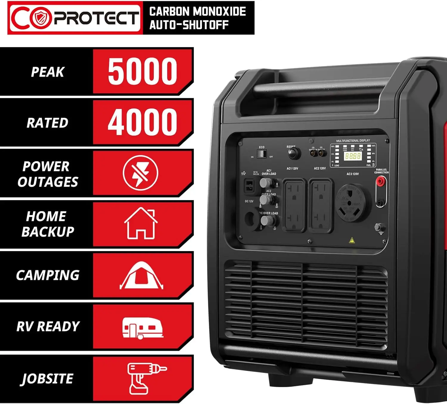5000-Watt Gas-Powered Portable Inverter Generator with CO Sensor, RV Ready 30A Outlet, Wheels Handle Kit, EPA Compliant