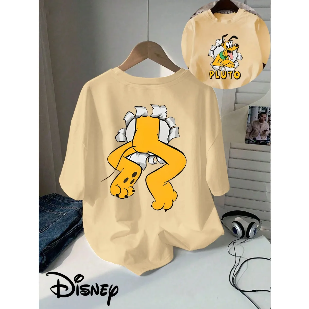 T-shirt da donna Disney con motivo Plutone, stampa fronte-retro, girocollo, design classico dei cartoni animati, abbigliamento casual autunno/inverno