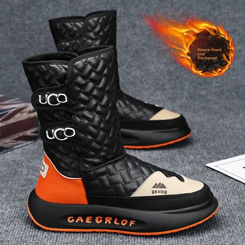 

Thickened Fleece Lined Snow Boots Men's Winter High Top Warm Waterproof Fur Leather Integrated Cotton Shoes for -40 Degrees C...