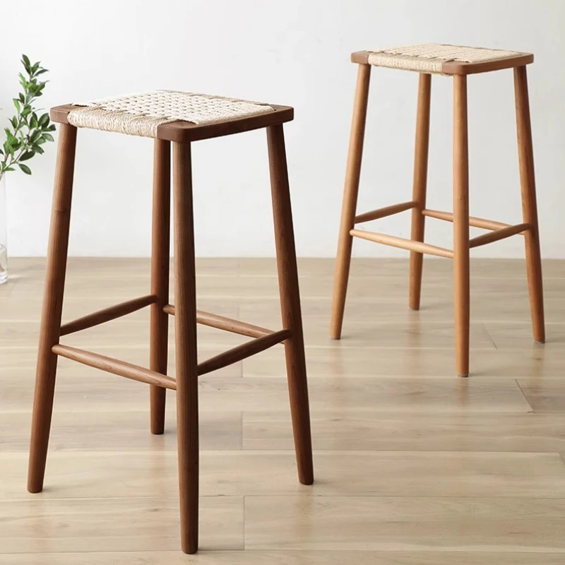 

Japanese Dining Chairs Solid Wood High Leg Bar Stool Rope Weaving Design Counter Seat Multi-scenes Applicable To Home Furniture