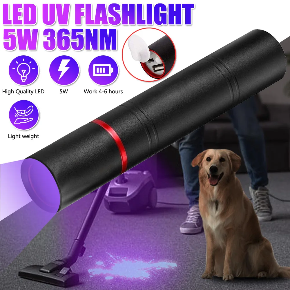 

5W Small UV Flashlight 365nm USB Rechargeable Portable Ultraviolet Black Light Mini Stain Minerals Money Pet Cats Urine Detector