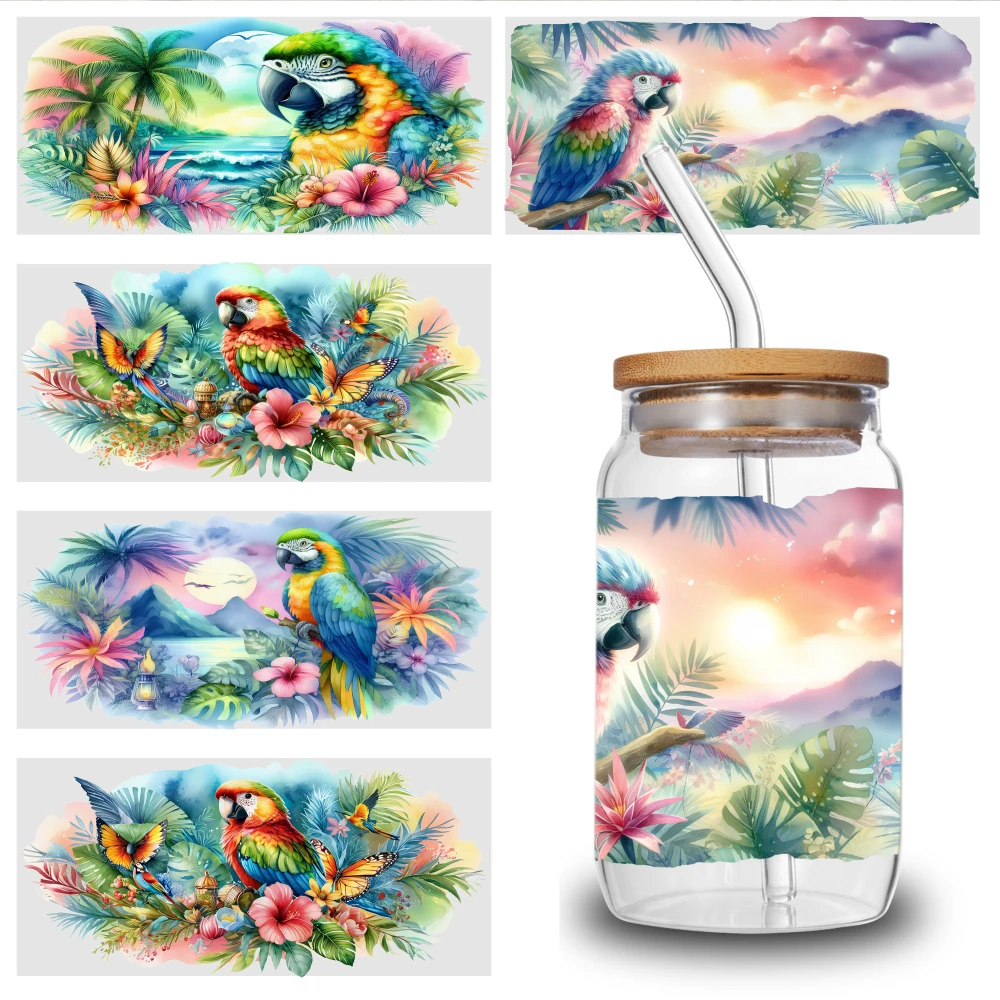 5 Sheets Tropical Parrots Landscape Flowers UV DTF Stickers Waterproof Rub on Transfers