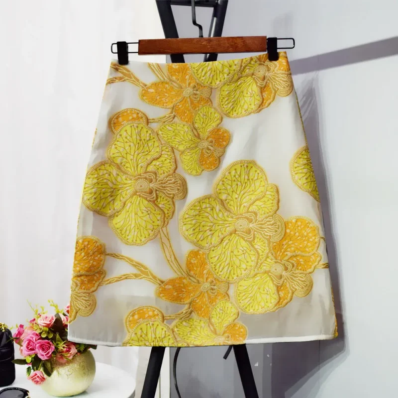 

New Fashion Floral Embroidery Skirt Women Retro Organza Slim A-line Elegant Party Skirts Celebrity Office Lady Jupe Clothing