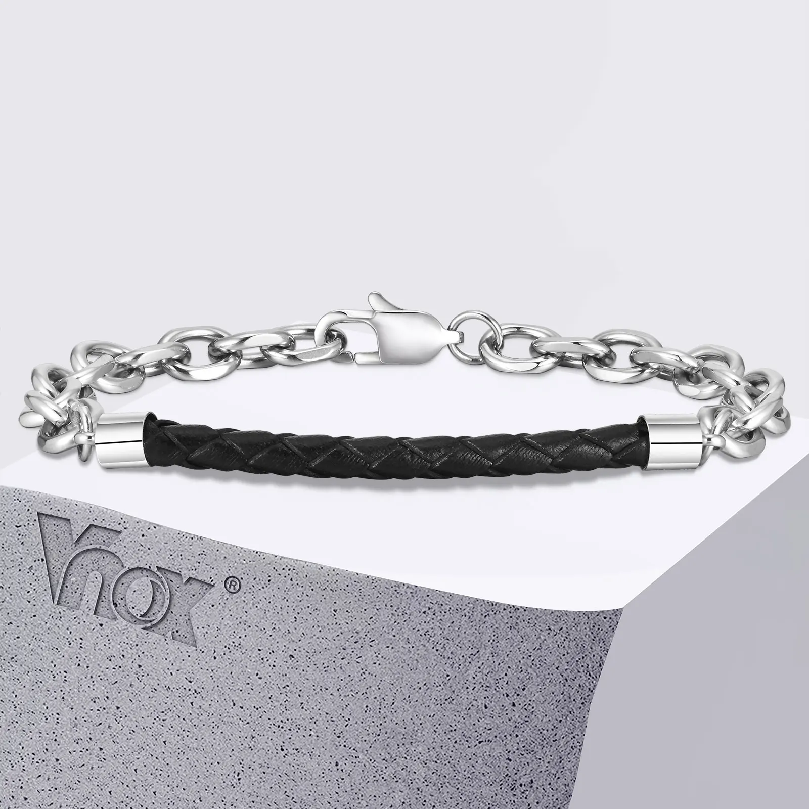 Vnox 6.7mm Stainless Steel Rolo Chain Bracelets for Boys Men, Black PU Leahter Bangle Wristband, Stylish Gentle Simple Jewelry