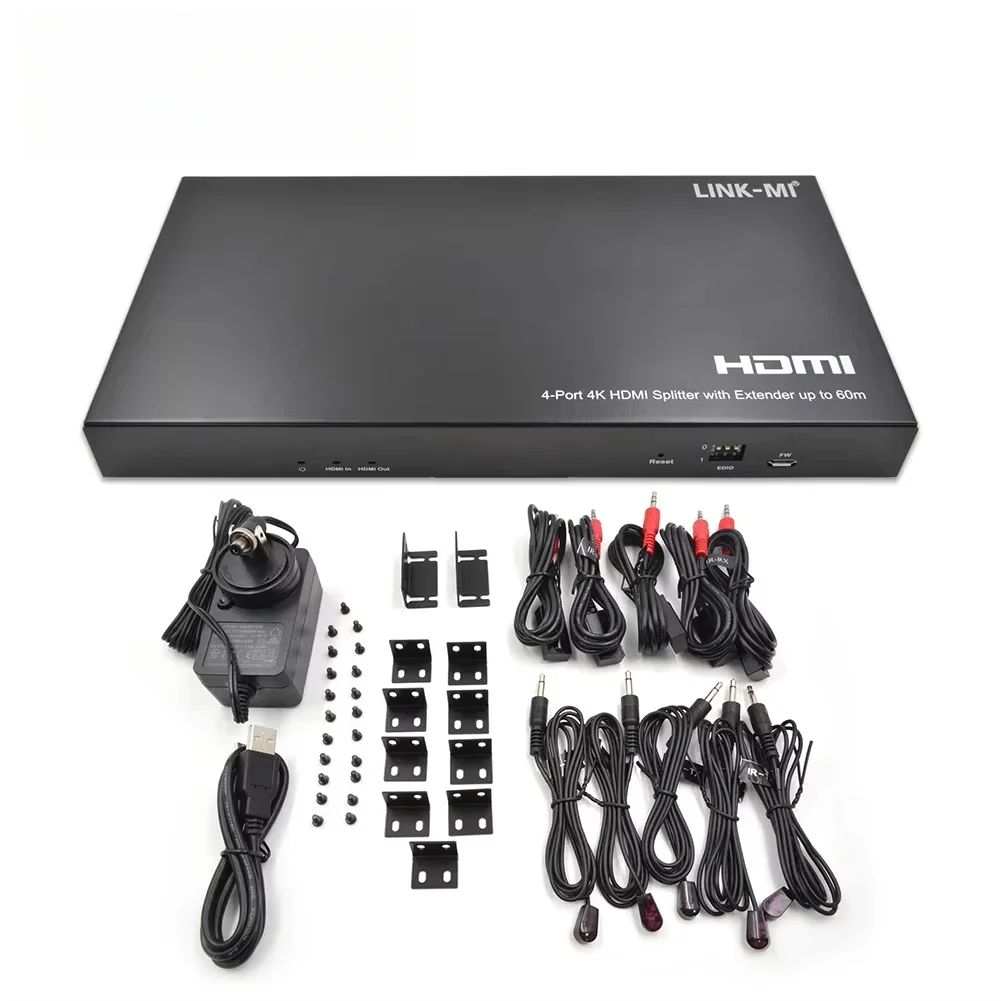 LINK-MI Extender splitter HDMI 2.0 a 4 porte su RJ45 Supporto 60M con audio analogico e digitale, 4K a 60 Hz, splitter AV POC 1X4