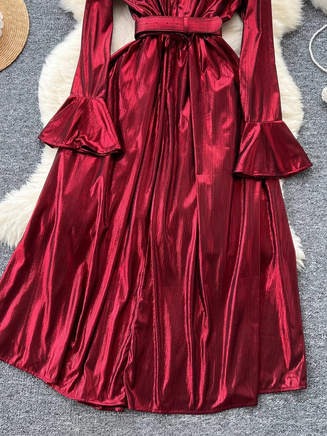 Spring Autumn Women  Burgundy Red/Green/Purple/Red Party Long Dress Vintage Stand Collar Flare Sleeve A-Line Vestidos Robe New