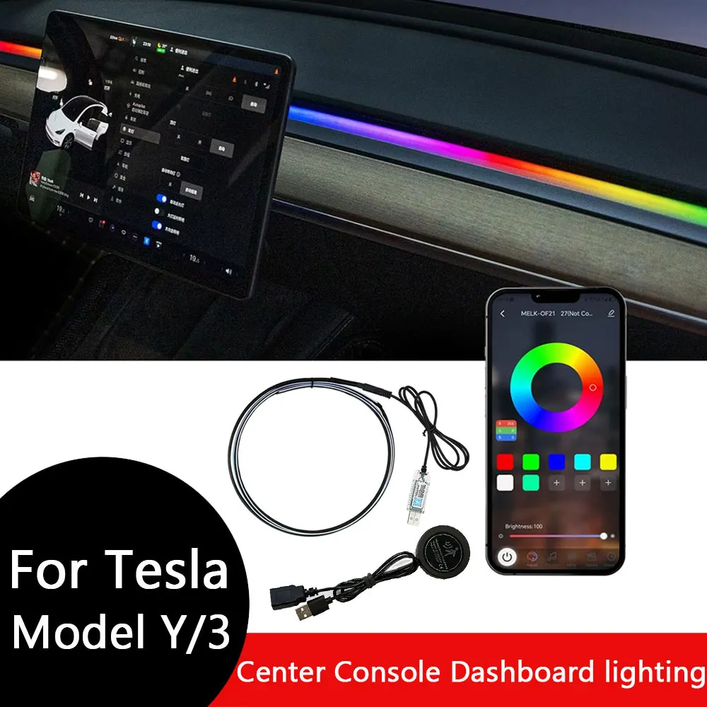 for Tesla Model 3/Y LED Lights Interior Center Console Dashboard RGB Ambient Lighting USB Car Led Strip Lights APP Model Y