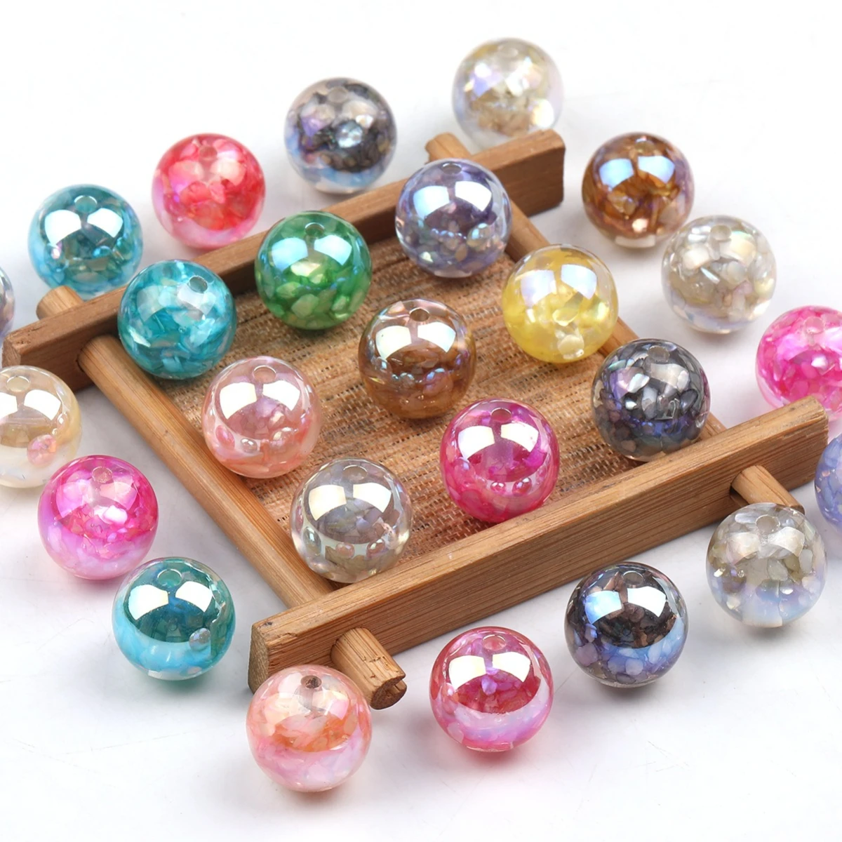 6/18pcs Random Color Acrylic Shell Chip Inlaid Round Beads 16mm Aurora Loose Beads For DIY Necklace Earring Jewelry Making