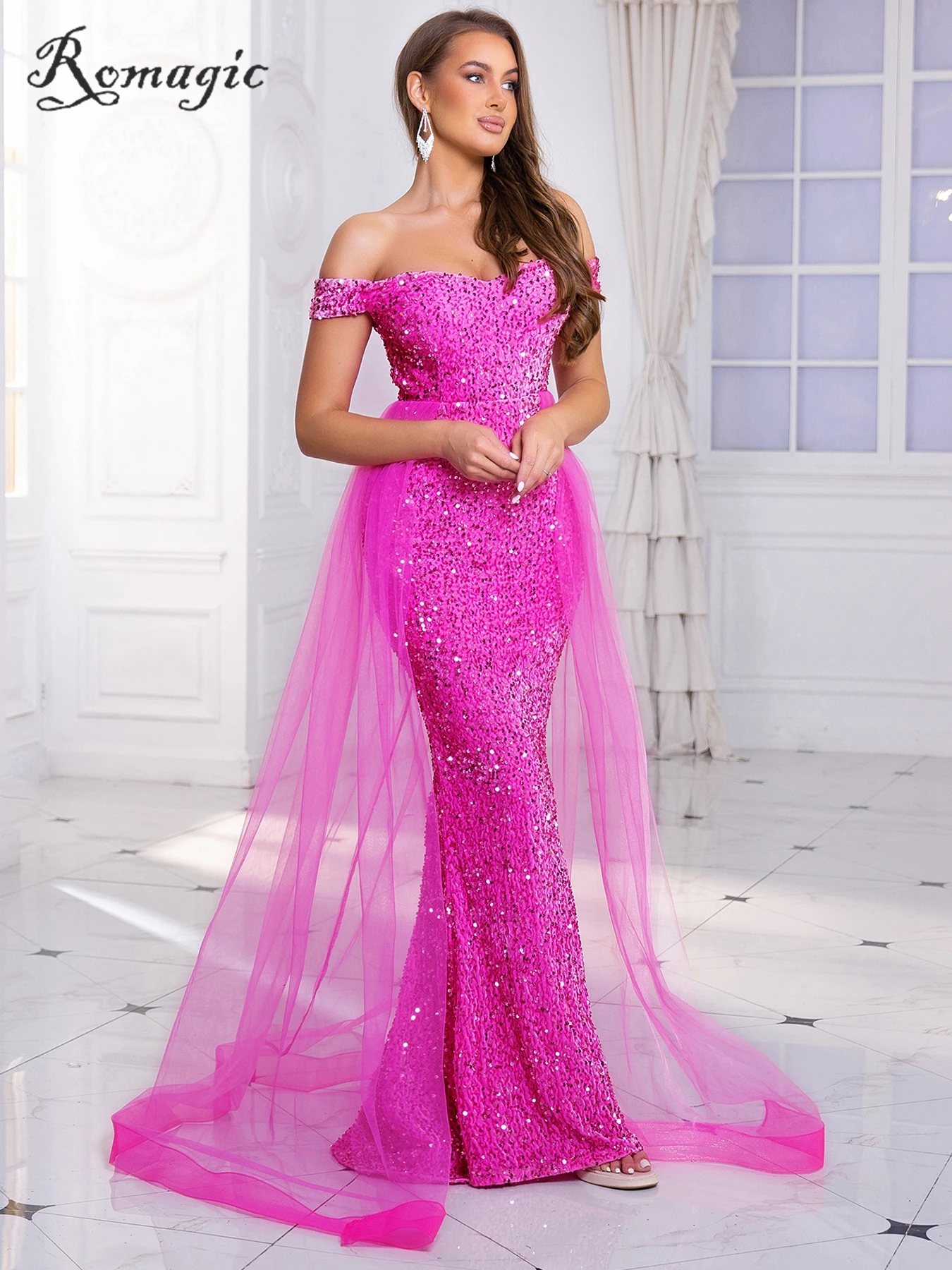 Romagic Off Shoulder Pink Evening Party Dress with Train Fashion Women Backless Spark Sequin Velvet Wedding Prom Gown 2024