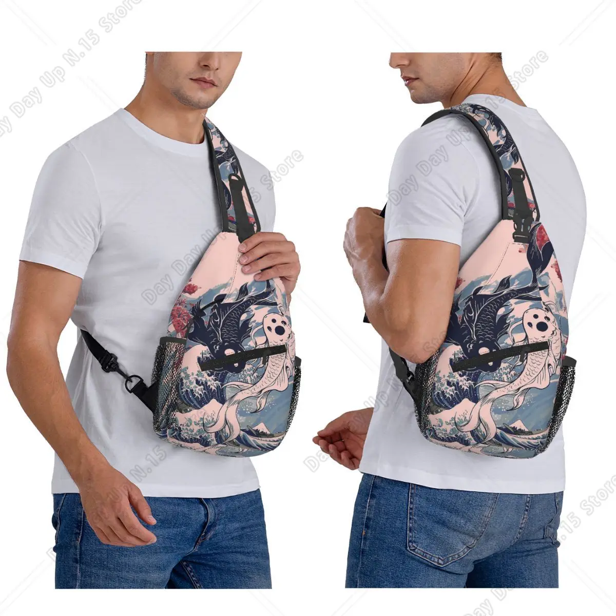 Koi Fish Yin Yang Chest Bag Men Sling Crossbody Backpack Chest Bag Traveling Hiking Daypack Shoulder Bag