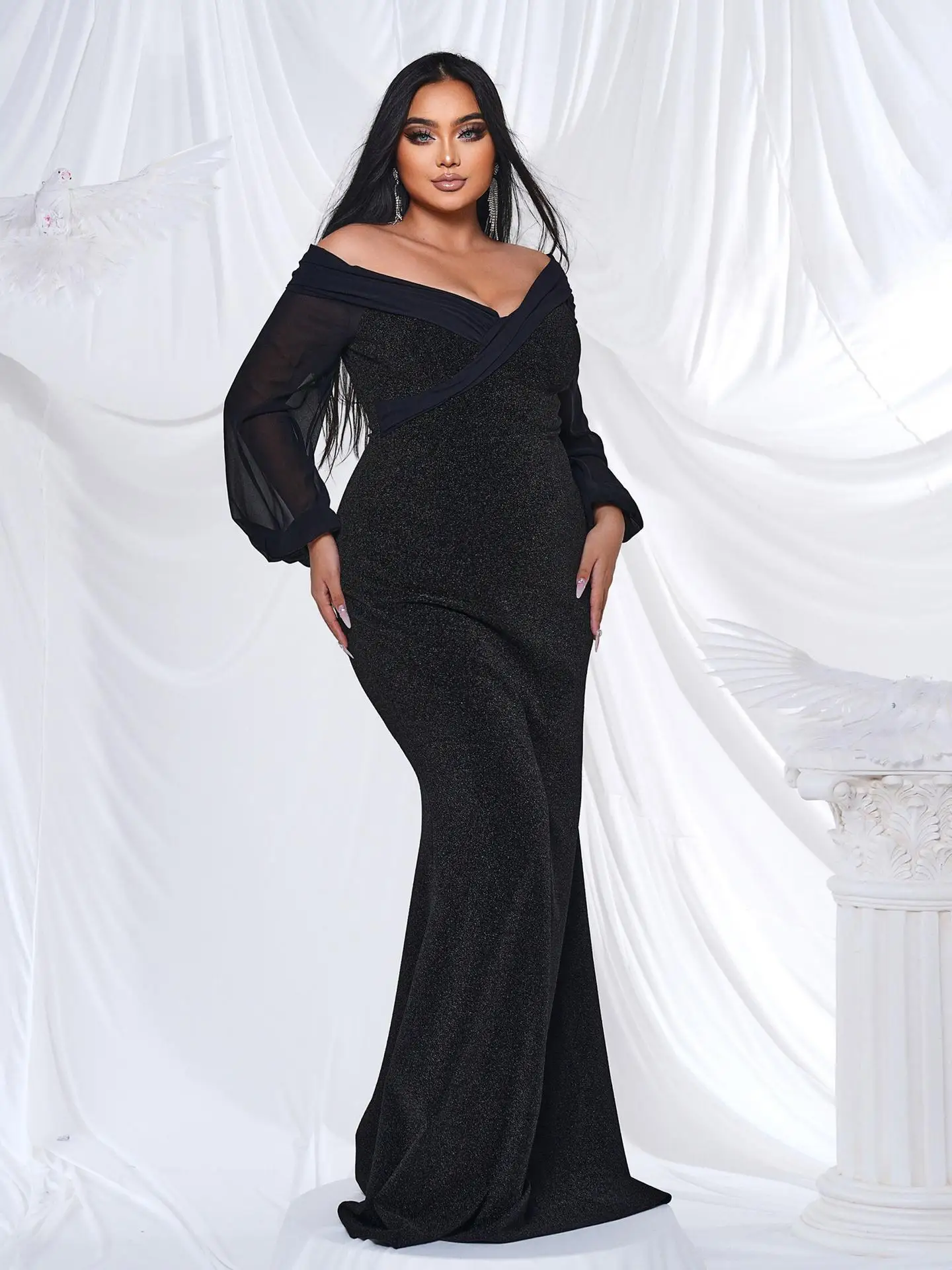 

Large Size Women's Long Sve V-Ne Evening Dr Sexy Bodycon Fi Tail Gown Cross-Border High Waist Me Fabric Spring 2024